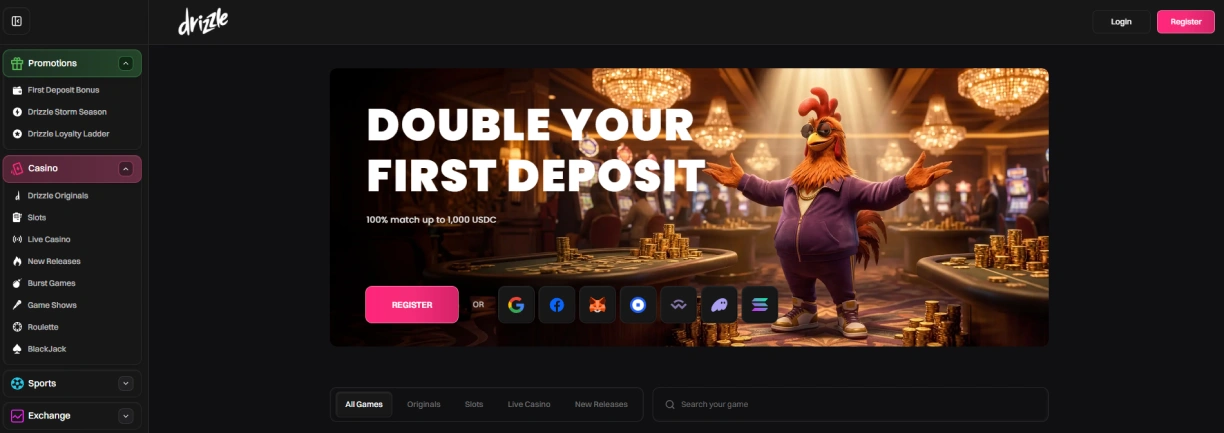 Drizzle Bet Casino Interface.